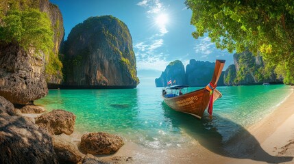 Obraz premium Scenic landscape of a traditional boat moored on a small tropical island in thailand surrounded by crystal-clear waters and lush green vegetation, perfect for nature travel and exotic vacation inspira