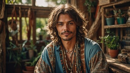 Fototapeta premium Stylish young man with long curly hair and layered accessories posing in a bohemian garden setting