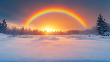 Rainbow with snowy mountains in the background and green trees in foreground. morning in Switzerland alps. Mist and fog rising in the morning.
