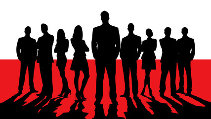 Silhouette of Businesswomen and Businessmen on a Polish Flag