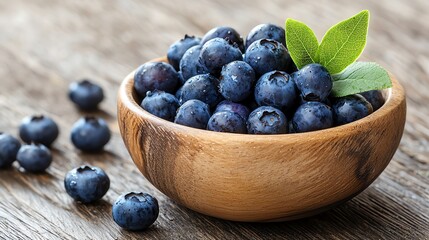 Freshly washed blueberries in a wooden bowl on a rustic surface, clean and natural presentation