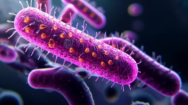 Purple rod-shaped bacteria with orange dots, micro bacteria, generative ai