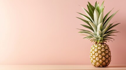 Pineapple with tropical leaves in a modern minimalist setting, fresh and bold summer vibes