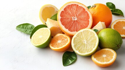 Fototapeta premium Variety of citrus fruits cut in half with bright contrasting colors, emphasizing freshness