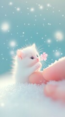 A small white kitten sits on a finger, looking up at a pink flower. The kitten is covered in a light dusting of snow, creating a delicate and whimsical scene.