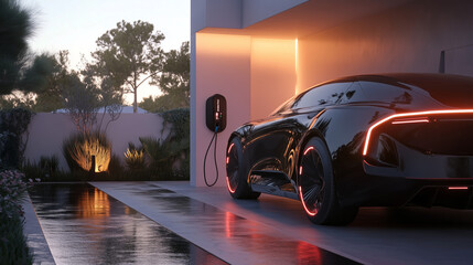 Futuristic Electric Car Charging at Home with V2G Technology