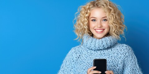 Fototapeta premium Happy Young Woman Holding Smartphone Blue Background Portrait