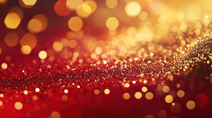 Golden particles create a beautiful bokeh effect on a vibrant red background. Perfect for festive projects for christmas, valentine's day, chinese new year or any other celebration. Copy space. Banne