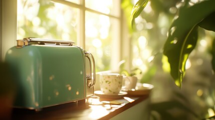 Vintage toaster and teacup bask in warm morning sunlight by a window, AI