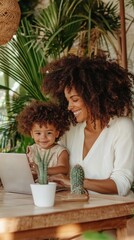 Mother and child enjoying time together with a laptop in a cozy, plant-filled room, AI