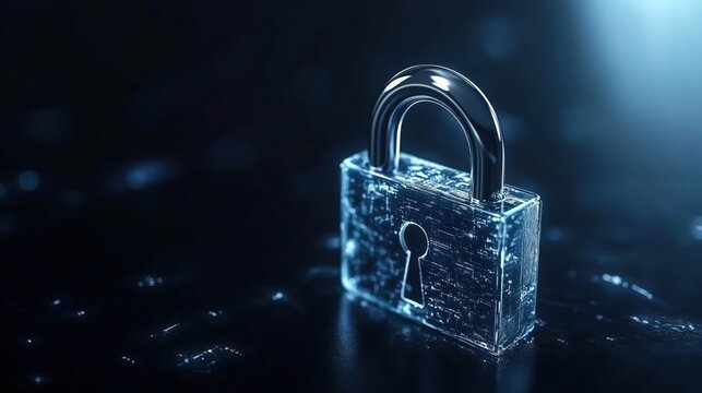 Transparent padlock, digital security concept, glowing background