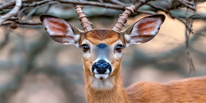 Close Up Portrait of Button Buck Deer with Antlers in Natural Setting