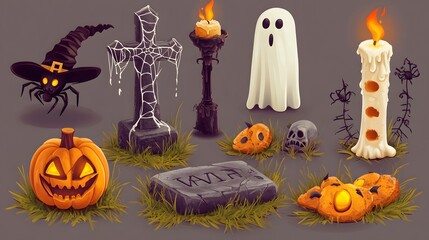 Graveyard tombstone and cross, spider and cobweb, ghost and pumpkin, witch hat and melting wax on candle, cookies eyes. Vector in 3d style, Halloween themed decoration for party or postcard