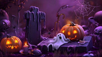 Graveyard tombstone and cross, spider and cobweb, ghost and pumpkin, witch hat and melting wax on candle, cookies eyes. Vector in 3d style, Halloween themed decoration for party or postcard