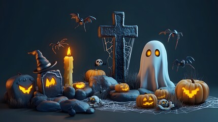 Graveyard tombstone and cross, spider and cobweb, ghost and pumpkin, witch hat and melting wax on candle, cookies eyes. Vector in 3d style, Halloween themed decoration for party or postcard
