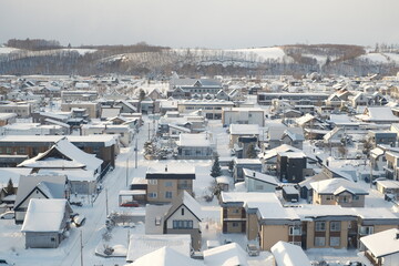 Winter town landscape in Biei, Hokkaido, Japan