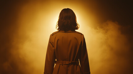 woman in trench coat stands with her back to viewer, illuminated by warm golden light. atmosphere is mysterious and captivating, evoking sense of intrigue and anticipation