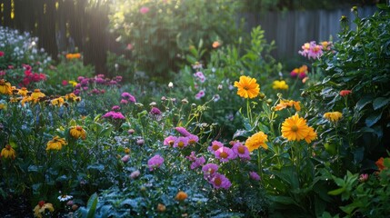 Vibrant Garden with Blooming Flowers in Sunlight