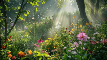 Obraz premium Lush Garden with Vibrant Blooming Flowers