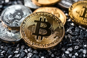 Close-up of a Bitcoin Cryptocurrency Coin on a Black Gravel Surface