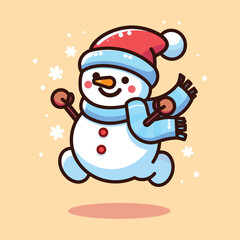 Happy snowman in kawaii style wearing a red hat and blue scarf, jumping with excitement. Perfect for Christmas cards, winter promotions, or holiday-themed designs. Vector, easy to customize.