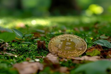 A Gold Bitcoin Coin Resting on Green Moss and Fallen Leaves