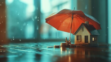 Model of umbrella with house and coins on wooden table concept of the system of insurance savings and the cost of health insurance