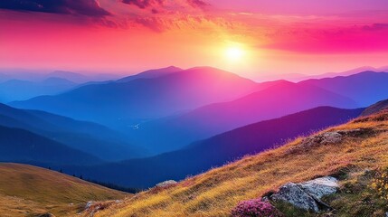 Vibrant sunset over a mountain range with a golden meadow in the foreground.