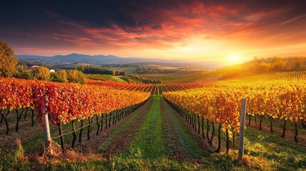 Obraz premium Vibrant vineyard rows with golden leaves at sunset.