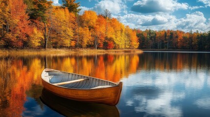 Tranquil lake surrounded by vibrant autumn foliage with a wooden rowboat on calm water, capturing the serene beauty of fall reflections in nature for scenic outdoor landscapes and peaceful seasonal ph