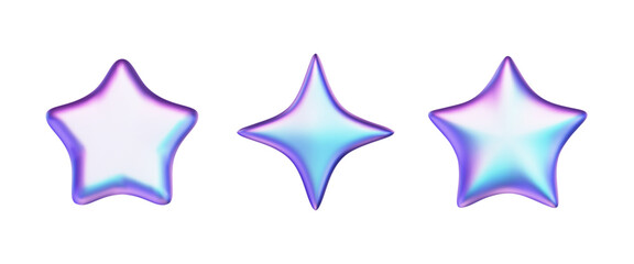 Futuristic 3d stars set. Holographic icons. Chrome inflated elements for future, techno digital deigns. Vector cartoon illustration. Glossy y3k sticker.