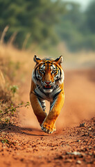 Fototapeta premium A tiger is walking on a dirt road