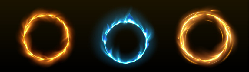 Abstract ring with yellow and blue fire flames on black background. Realistic 3d vector set of cold and hot fireball frame. Fiery circle border with blaze and glow effect. Round burning boundary.