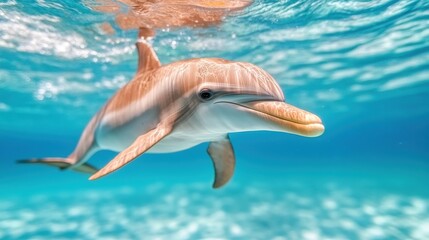 Dolphin swimming gracefully in clear blue water, captivating and serene underwater scene.