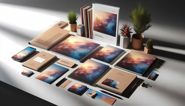 Company branding materials like brochures, cards, and flyers.