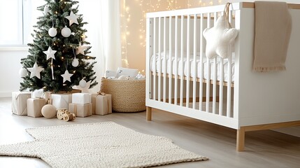 Cozy nursery with a crib, Christmas tree, and warm decorations.