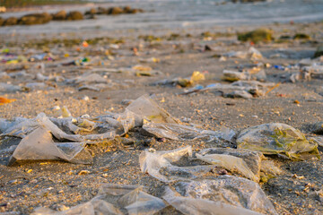 Trash, plastic cups and plastic bags at the beach. environmental problem concept and healing the world	