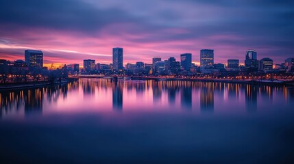 Urban Skyline at Twilight with City Lights Reflection