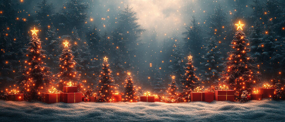 Christmas forest filled with twinkling lights and colorful decorations is depicted in the background.