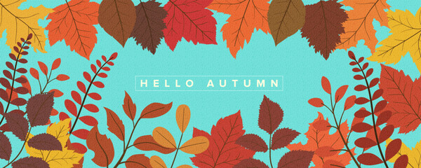 Hello autumn horizontal background. Autumn modern art design, templates for placards, banners, flyers, presentations, reports, sales, header, cover, social media, fashion ads, decor.