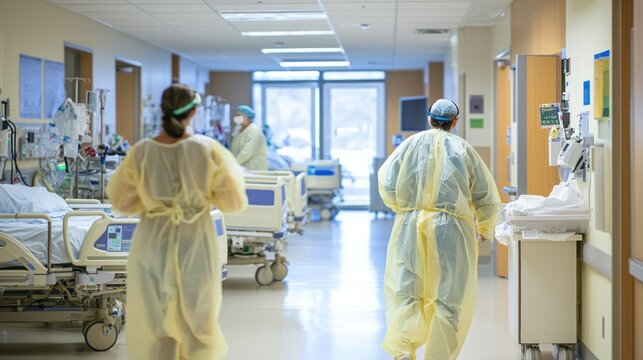 In a hospital isolation room, staff in protective isolation gowns check on a patient from a safe distance.