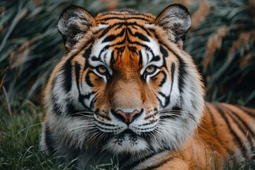 Fototapeta premium Close-up Portrait of a Majestic Tiger in Lush Grass