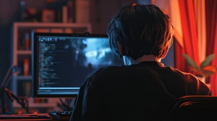 Obraz premium A person with dark hair is working intently on a computer screen in a dimly lit room, with the focus on the back of their head and the soft glow from the monitor.
