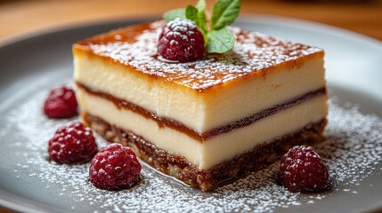 A delicious layered dessert topped with raspberries and mint.