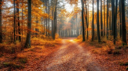 Obraz premium Serene Forest Trail in Autumn with Dappled Light