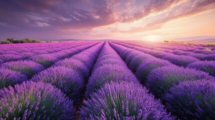Obraz premium Lavender Fields Stretching to the Horizon at Sunset