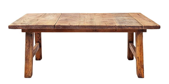 Rustic wooden table with weathered planks, isolated on transparent cutout background