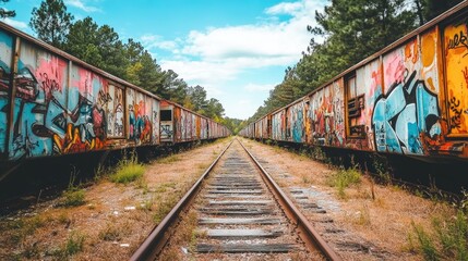 Obraz premium Abandoned Train Cars with Vibrant Graffiti Art