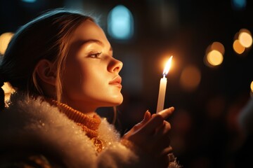 Obraz premium Young woman holding a candle during a vigil at night