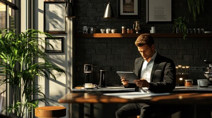 Business Professional Using Tablet in Modern Cafe Setting